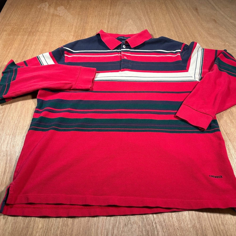 Daniel Cremieux Polo Shirt Mens XL Red Striped Long Sleeve Tailored Fit Rugby